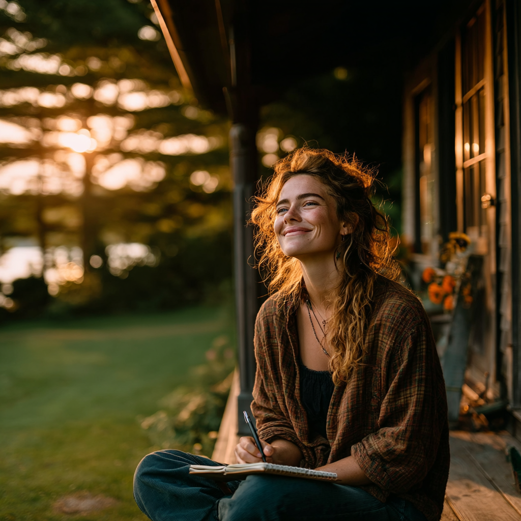 A happy woman sitting on her porch | Source: Midjourney