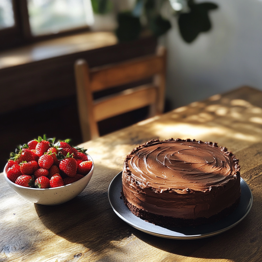 A chocolate mousse cake and a bowl of strawberries on a table | Source: Midjourney