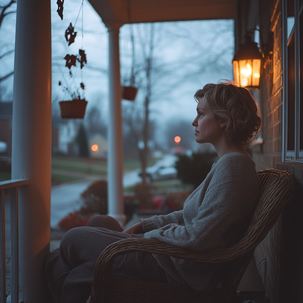 A woman sitting on her front porch | Source: Midjourney