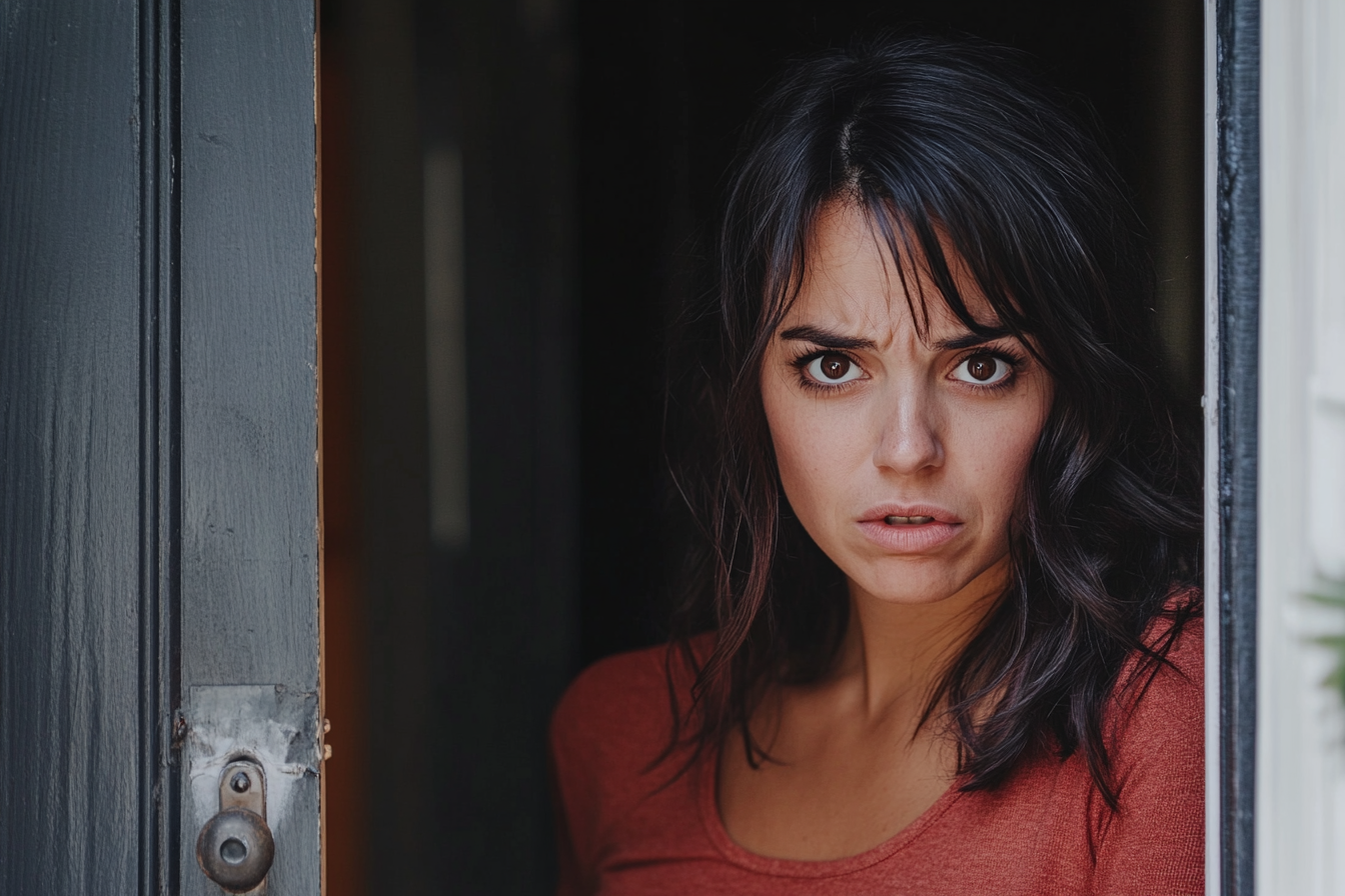 A woman frowning in a doorway | Source: Midjourney