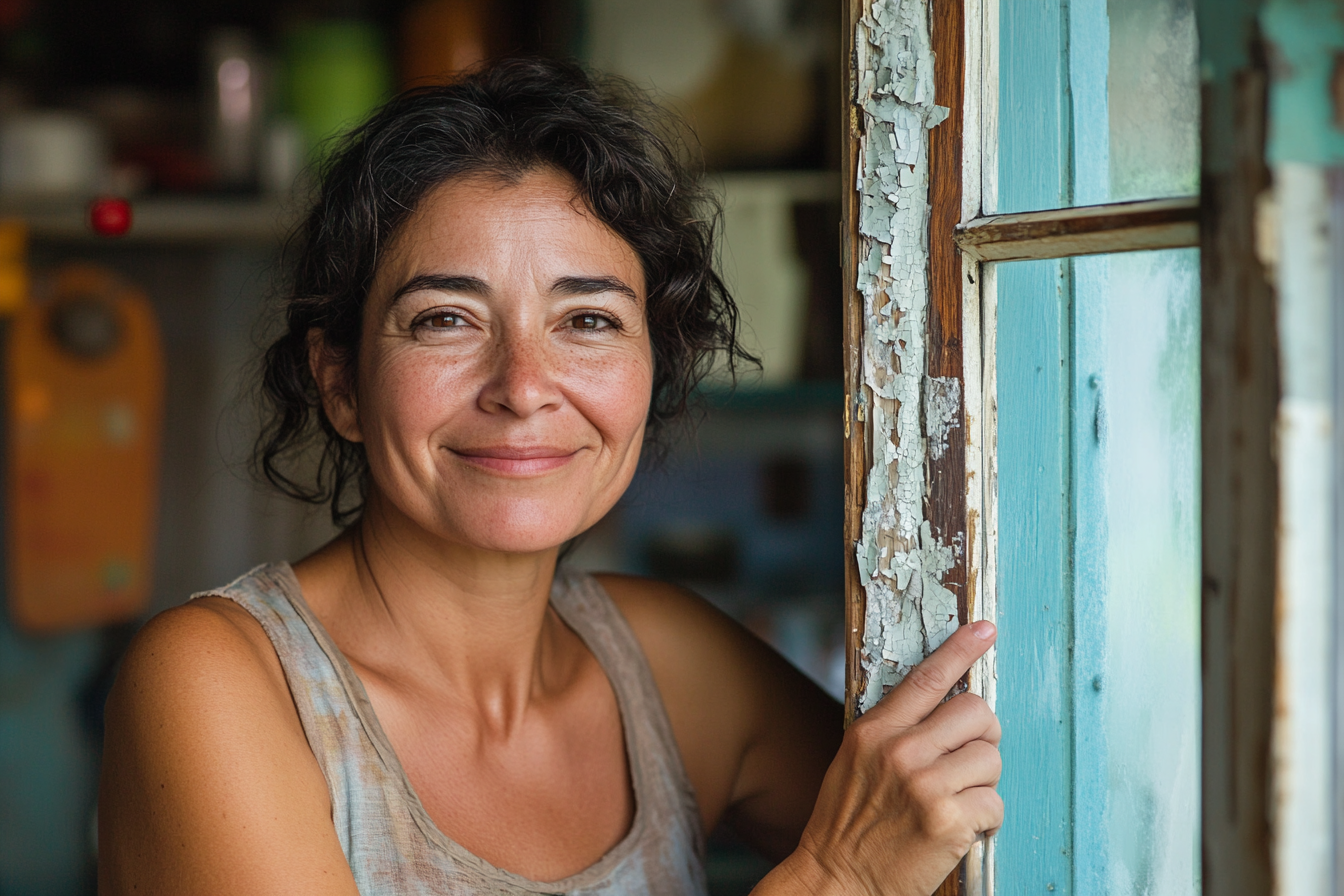 A woman smiling proudly while standing beside a window frame with peeling paint | Source: Midjourney