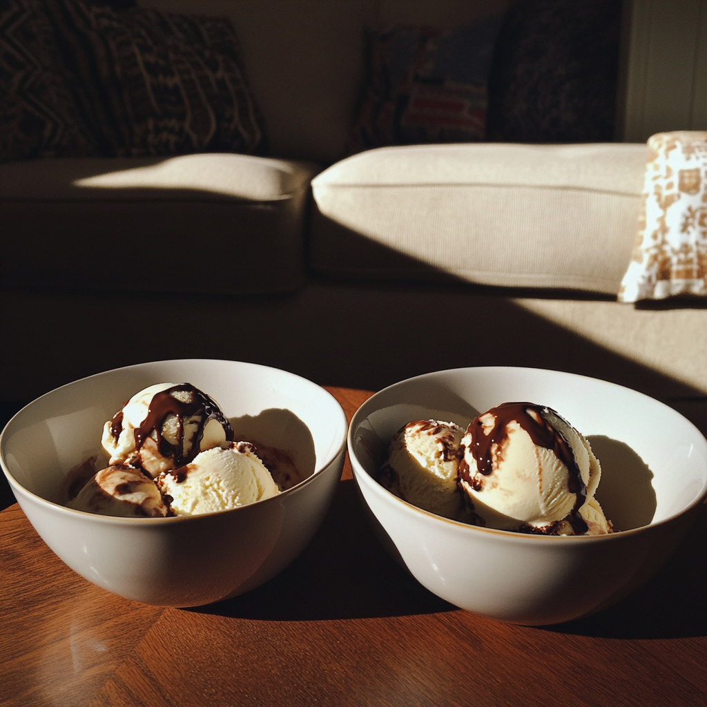 Bowls of ice cream on a coffee table | Source: Midjourney