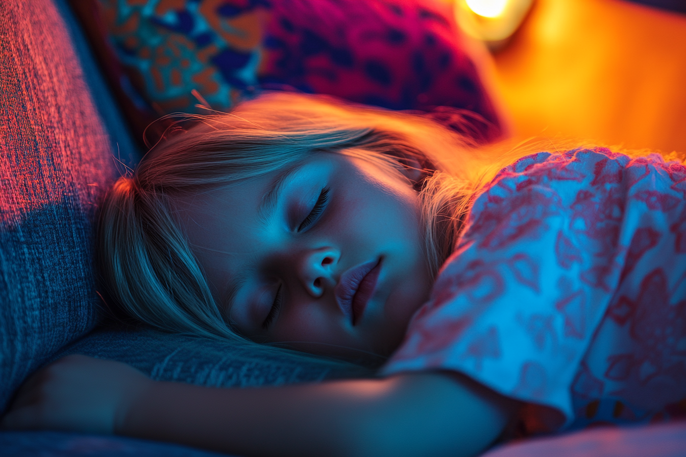 Little blonde girl sleeping on a couch | Source: Midjourney