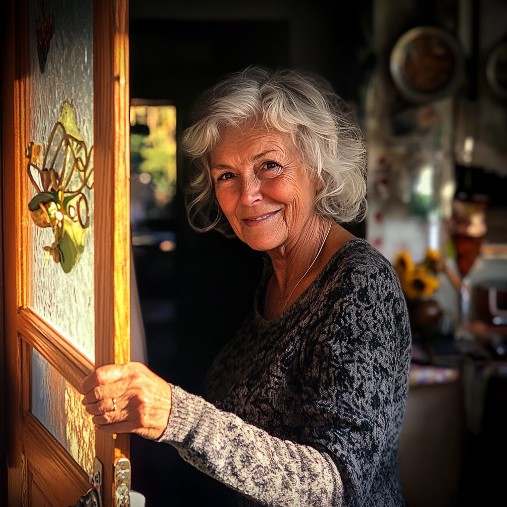 Senior woman opening her door | Source: Midjourney