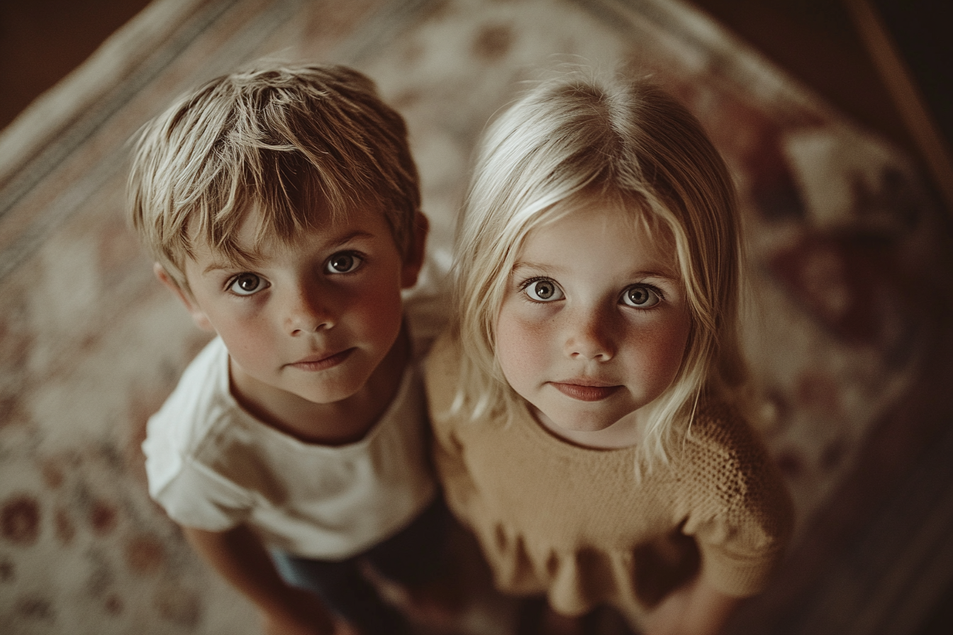 A little boy and girl, twins, looking up with curious expressions in a living room | Source: Midjourney