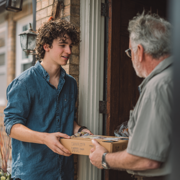 A young man giving an older man a box of cake | Source: Midjourney