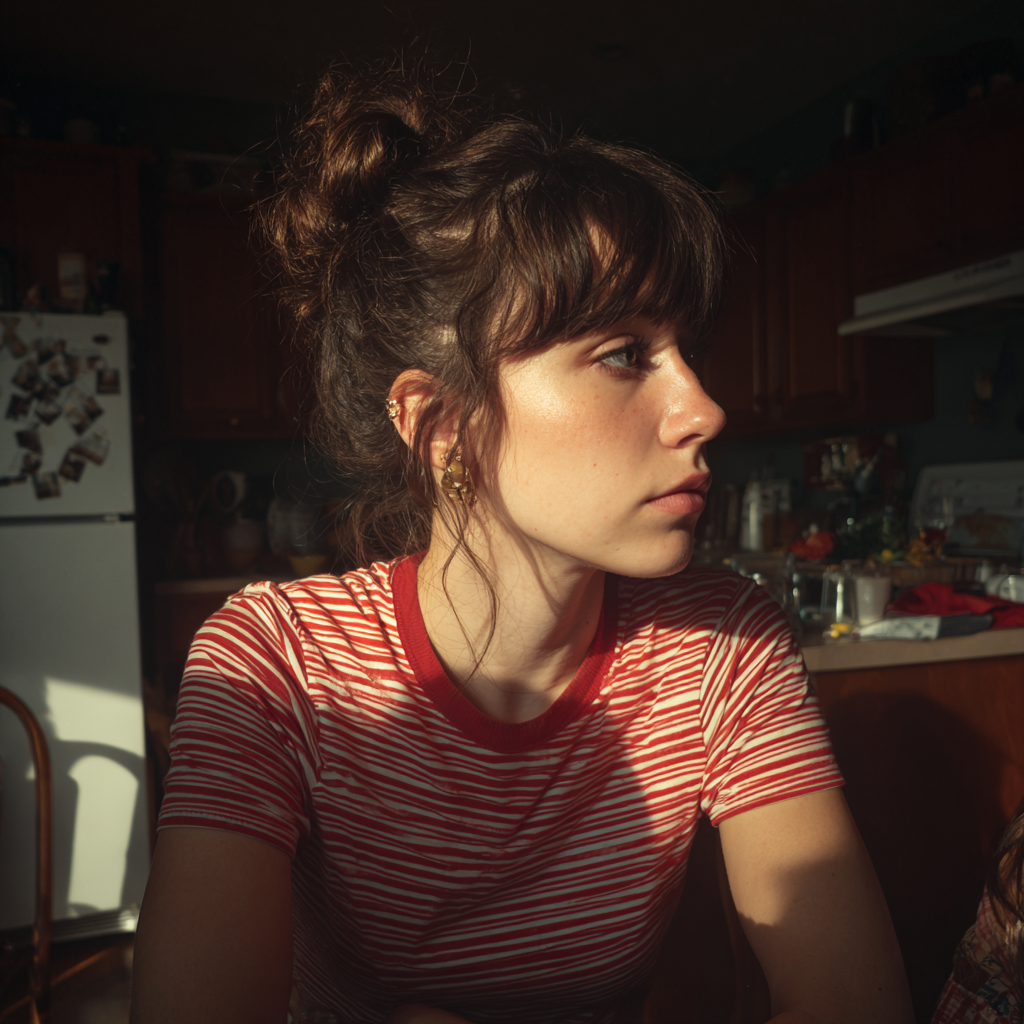 A woman sitting at a table wearing a stripped t-shirt | Source: Midjourney