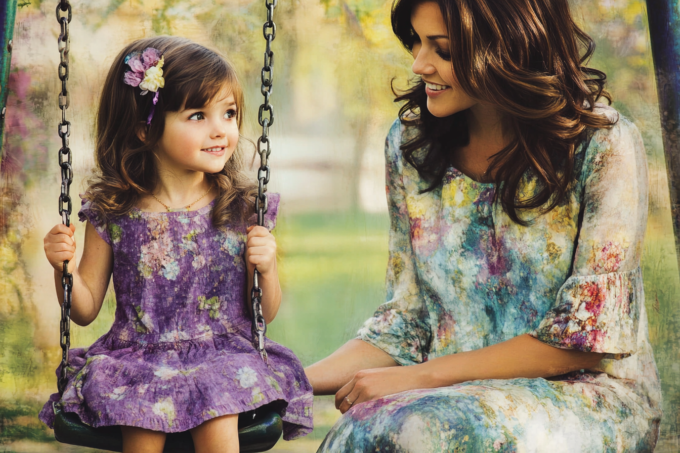 A woman speaking to a girl on a swing | Source: Midjourney