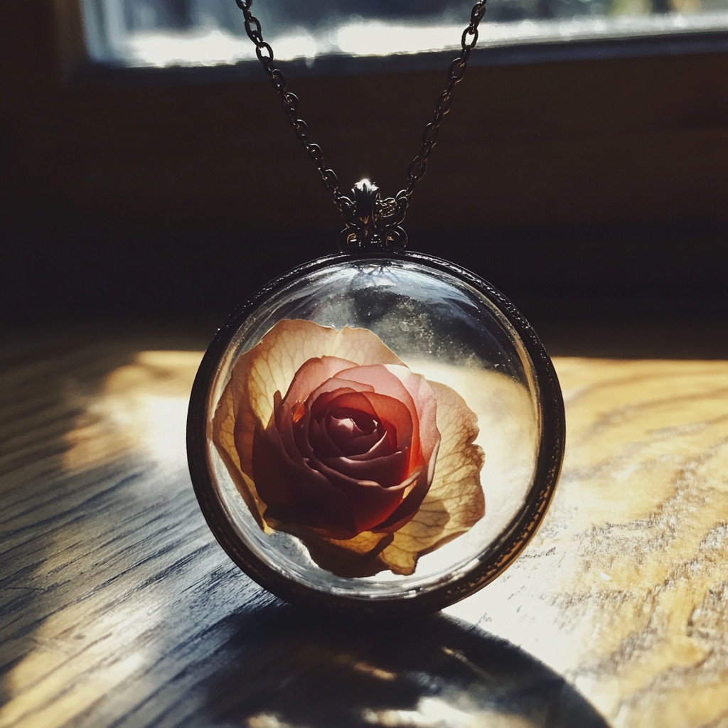 A pressed flower in a glass locket | Source: Midjourney