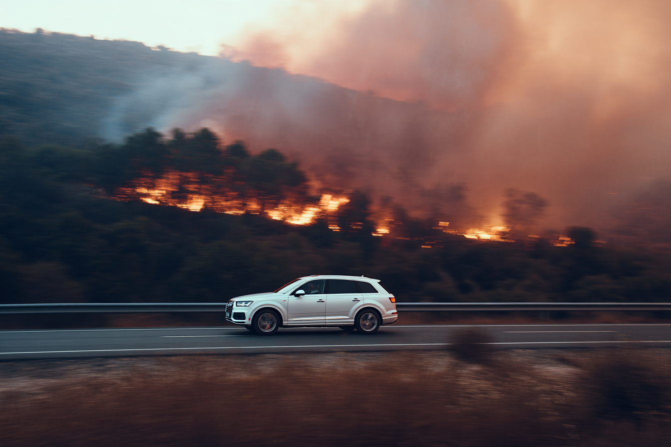 A car driving past a fire | Source: Midjourney