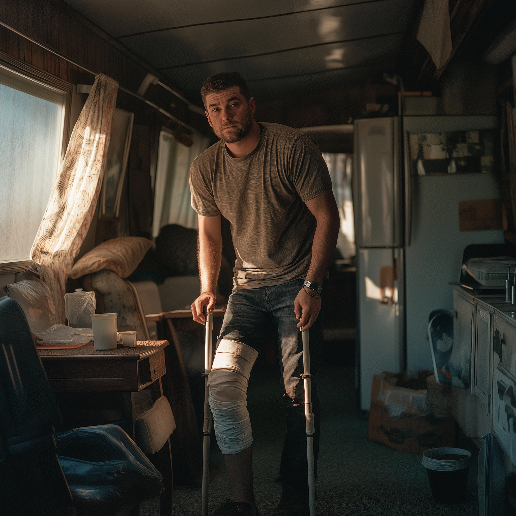 A man standing on crutches in an old trailer | Source: Midjourney