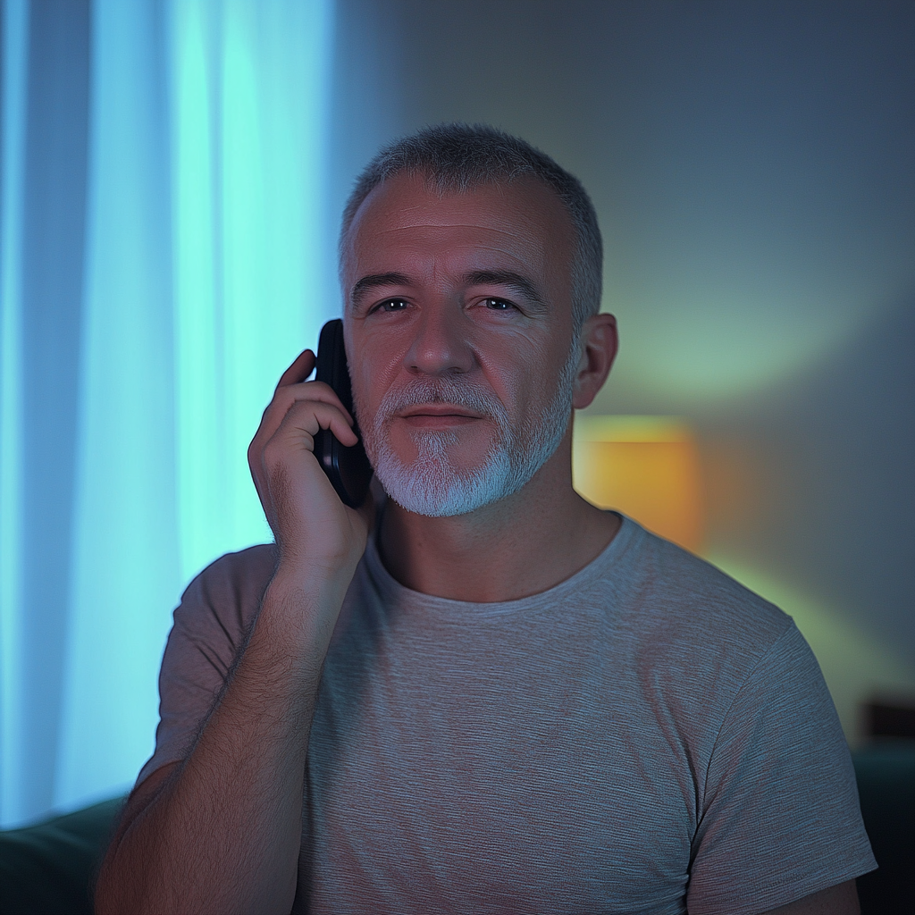 A man with a slightly serious expression talking on the phone | Source: Midjourney