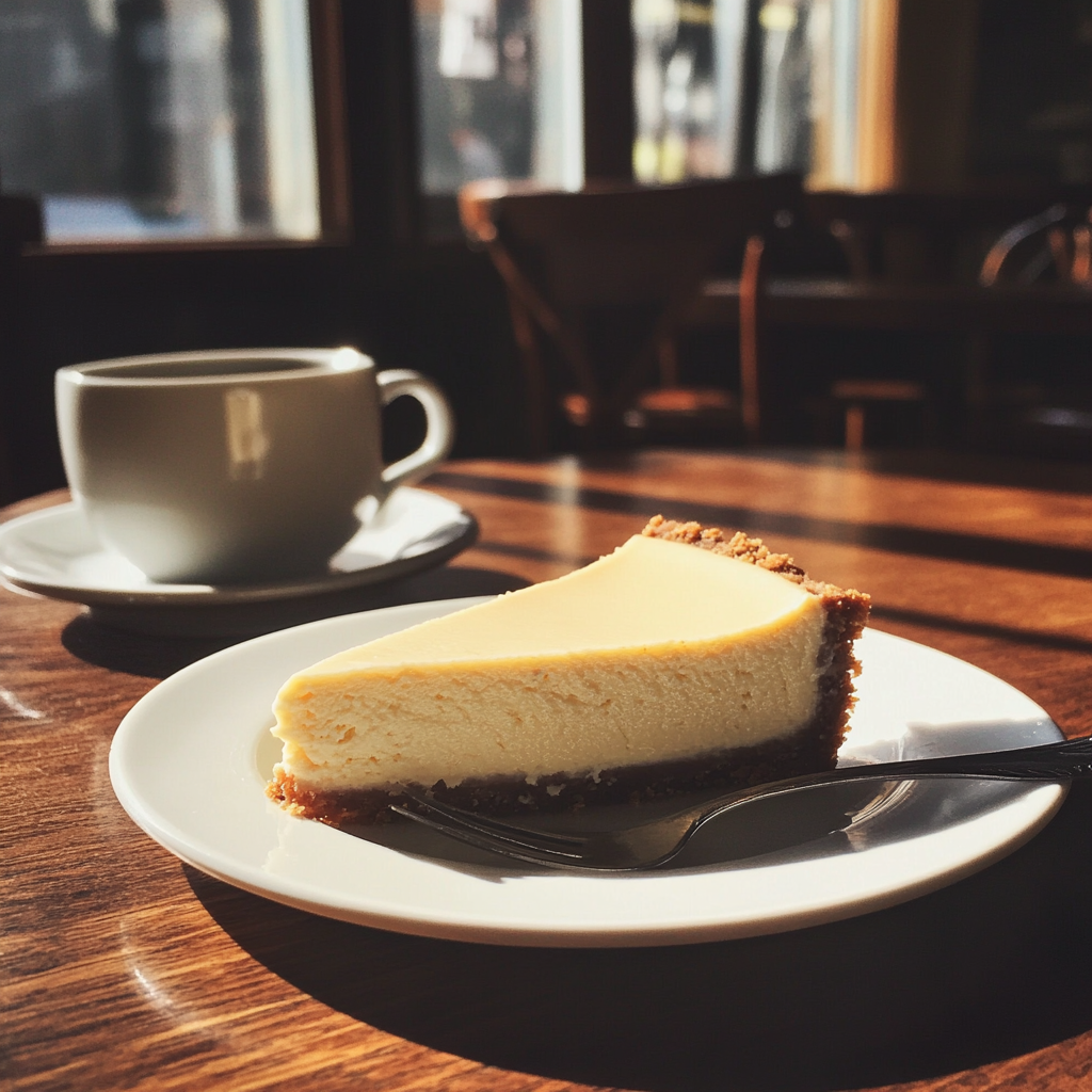 A slice of cheesecake on a table | Source: Midjourney