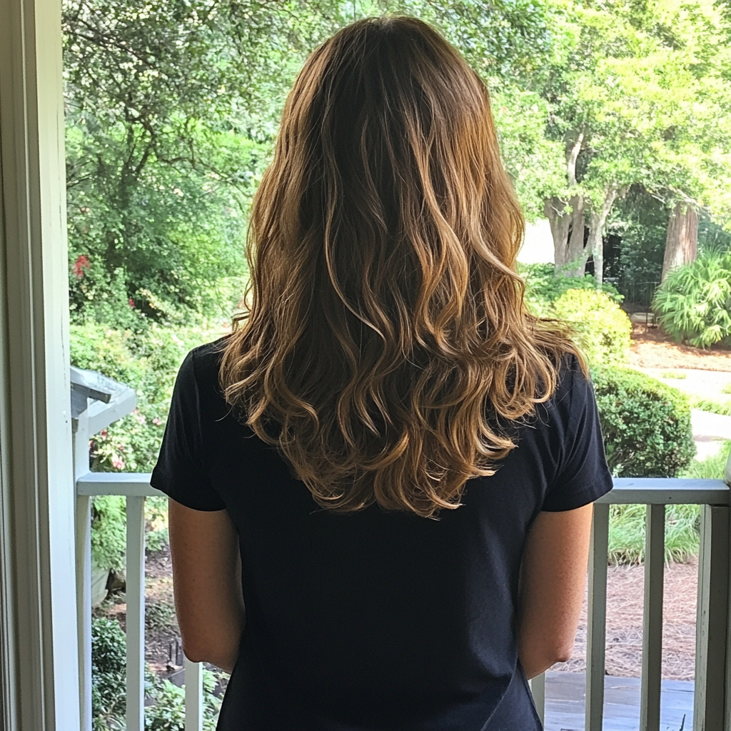 A woman standing on a porch | Source: Midjourney