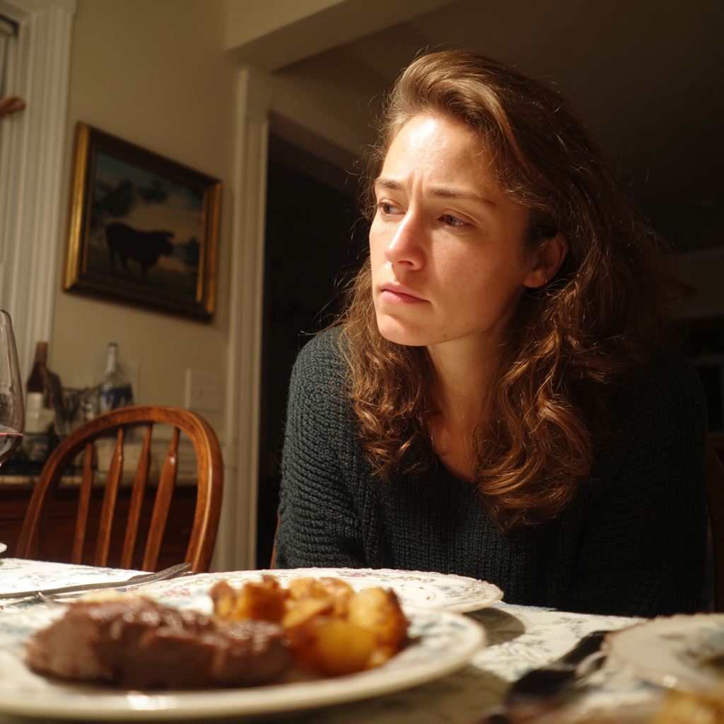 A woman sitting at a dining table | Source: Midjourney