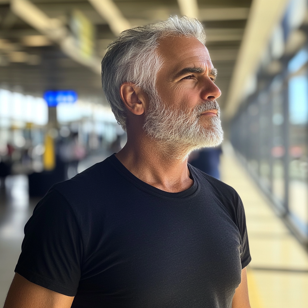 Flight Attendant Woke Me Up & Told Me to Check My Husband's Bag While He Was Away — I Never Expected What I Found 14 A man standing in an airport | Source: Midjourney