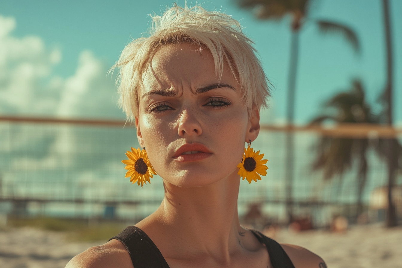 Woman in her 30s at a beach volleyball court looking sad | Source: Midjourney