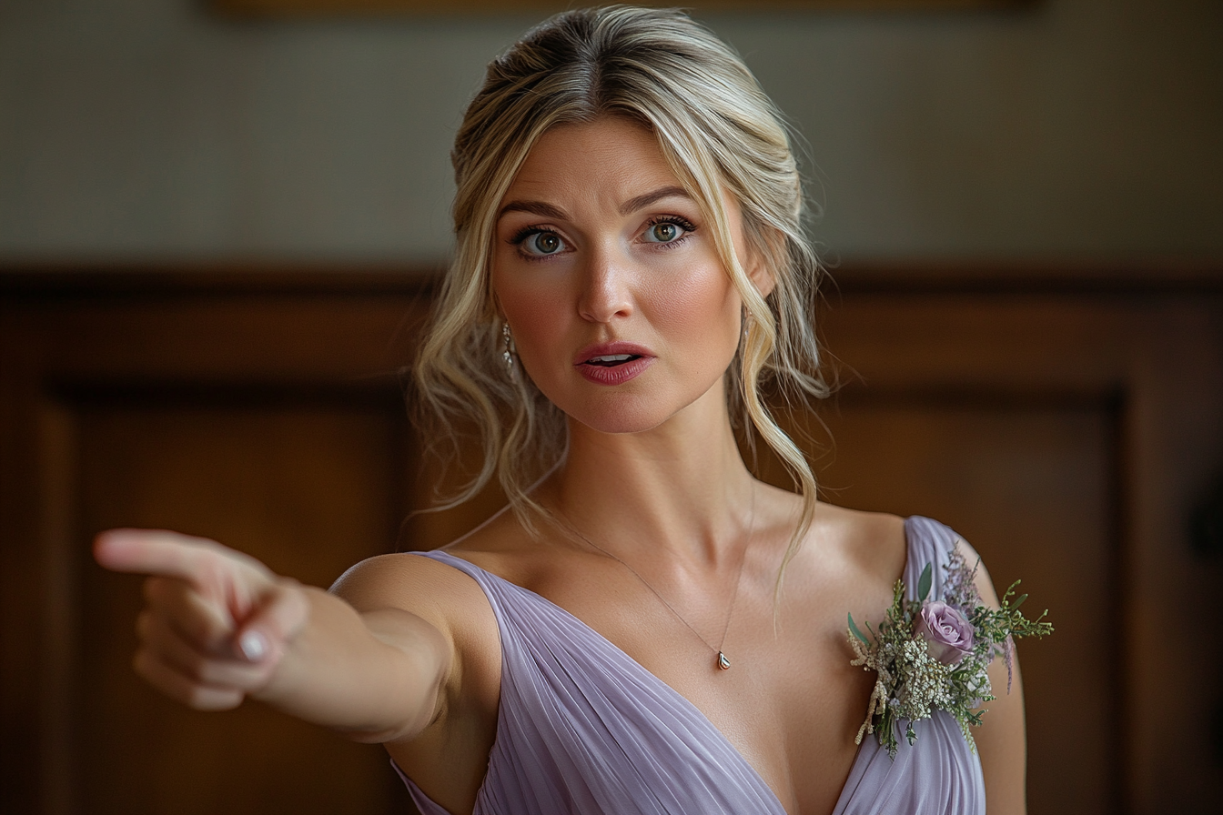 A woman dressed for a wedding pointing a finger | Source: Midjourney