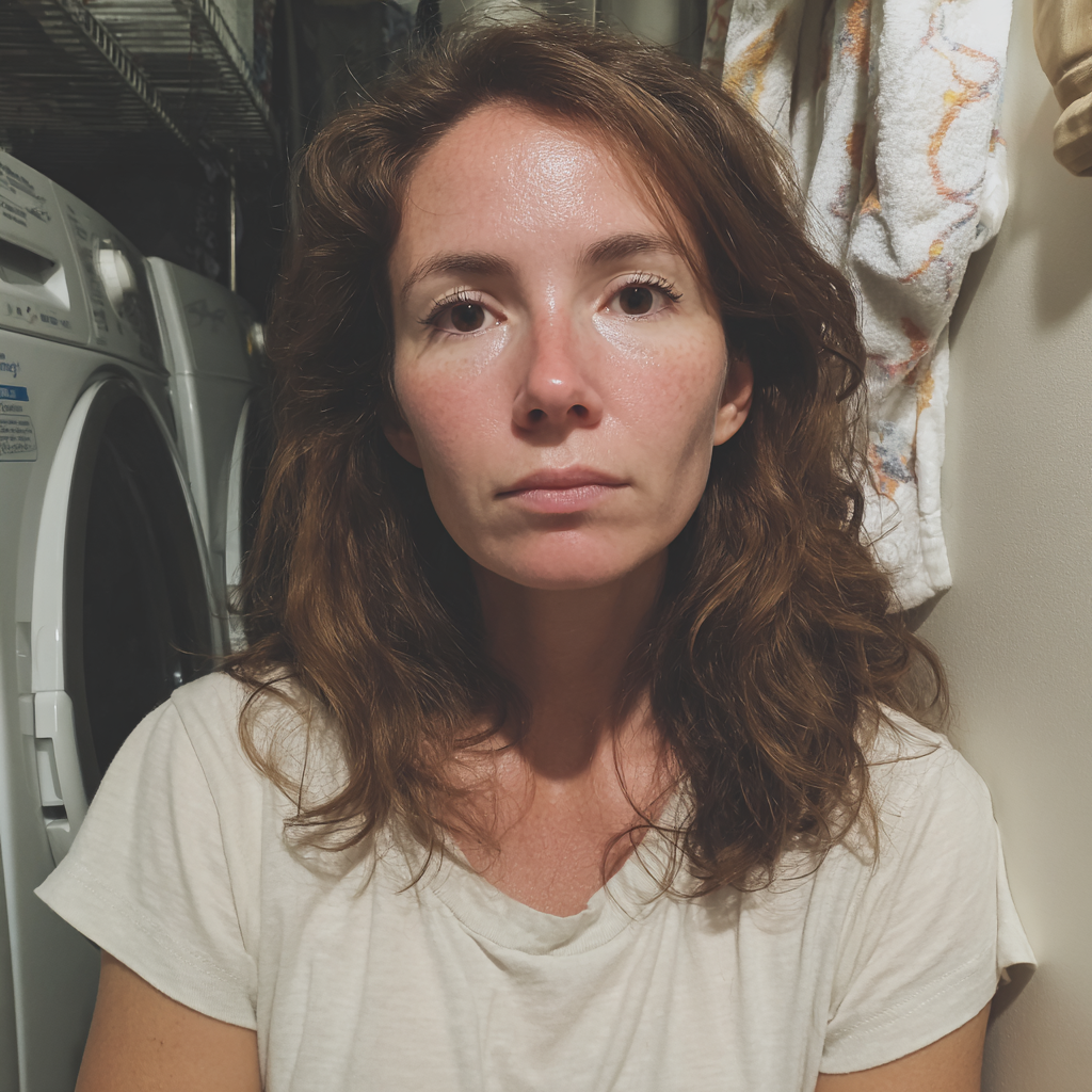 An exhausted woman standing in a laundry room | Source: Midjourney