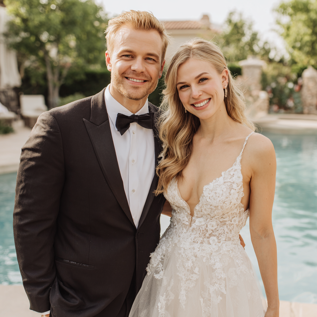 A bridal couple posing in front of a pool | Source: Midjourney