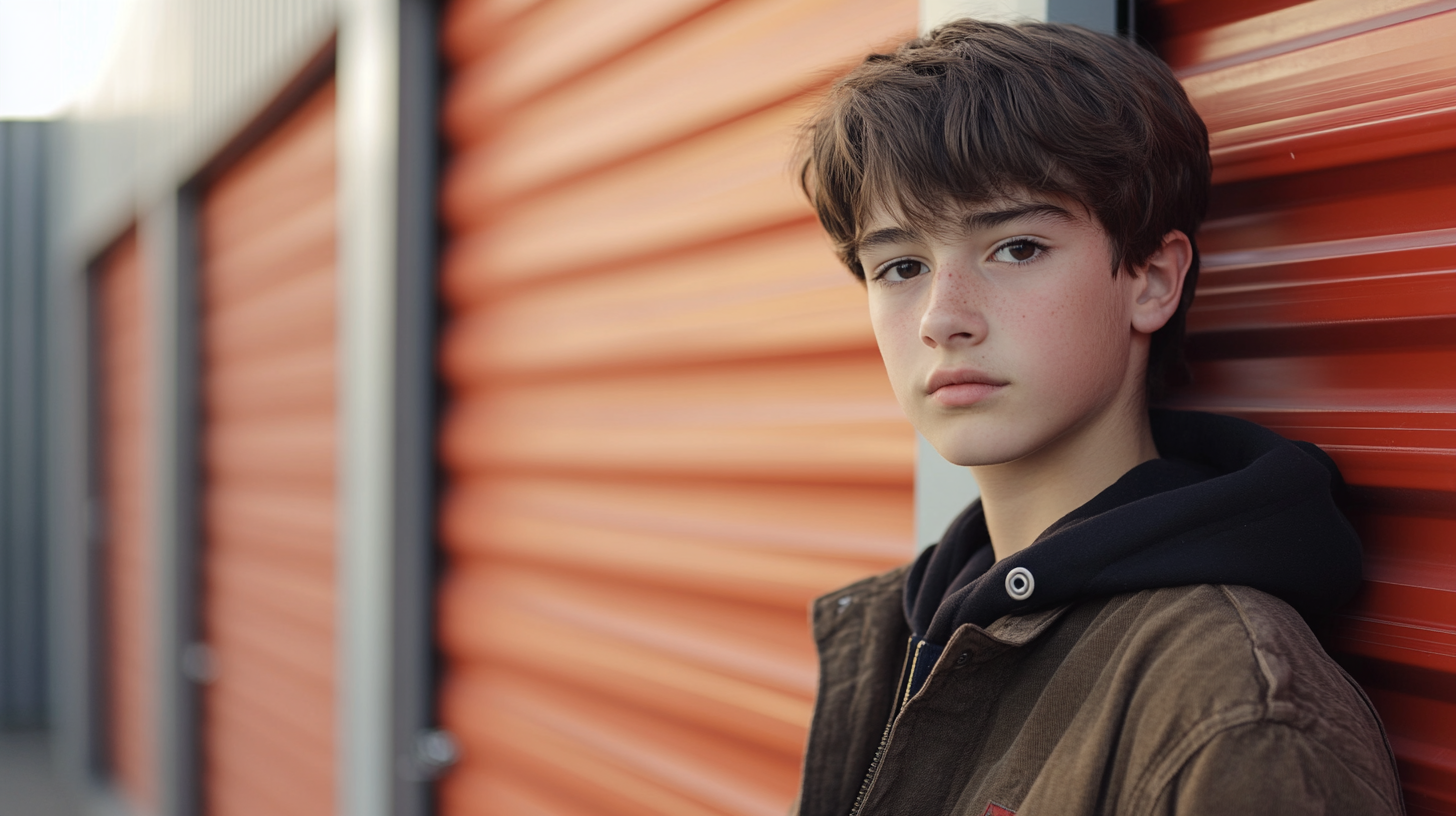 A teenage boy near a storage unit | Source: Midjourney