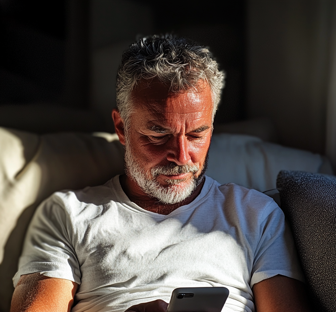 Flight Attendant Woke Me Up & Told Me to Check My Husband's Bag While He Was Away — I Never Expected What I Found 12 A man sitting on a couch and using his phone | Source: Midjourney