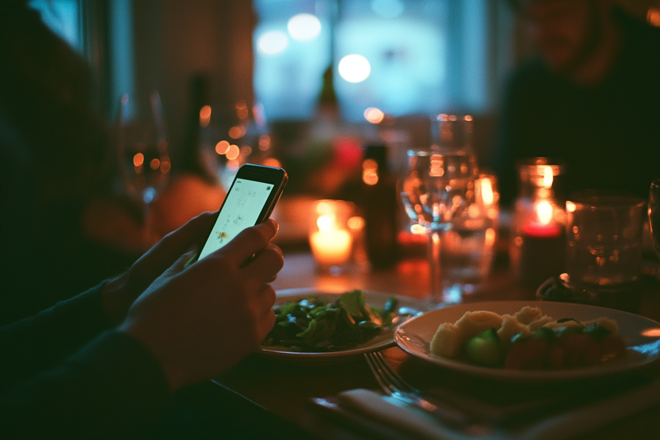 A person seated at a romantic dinner table, holding a phone | Source: Midjourney