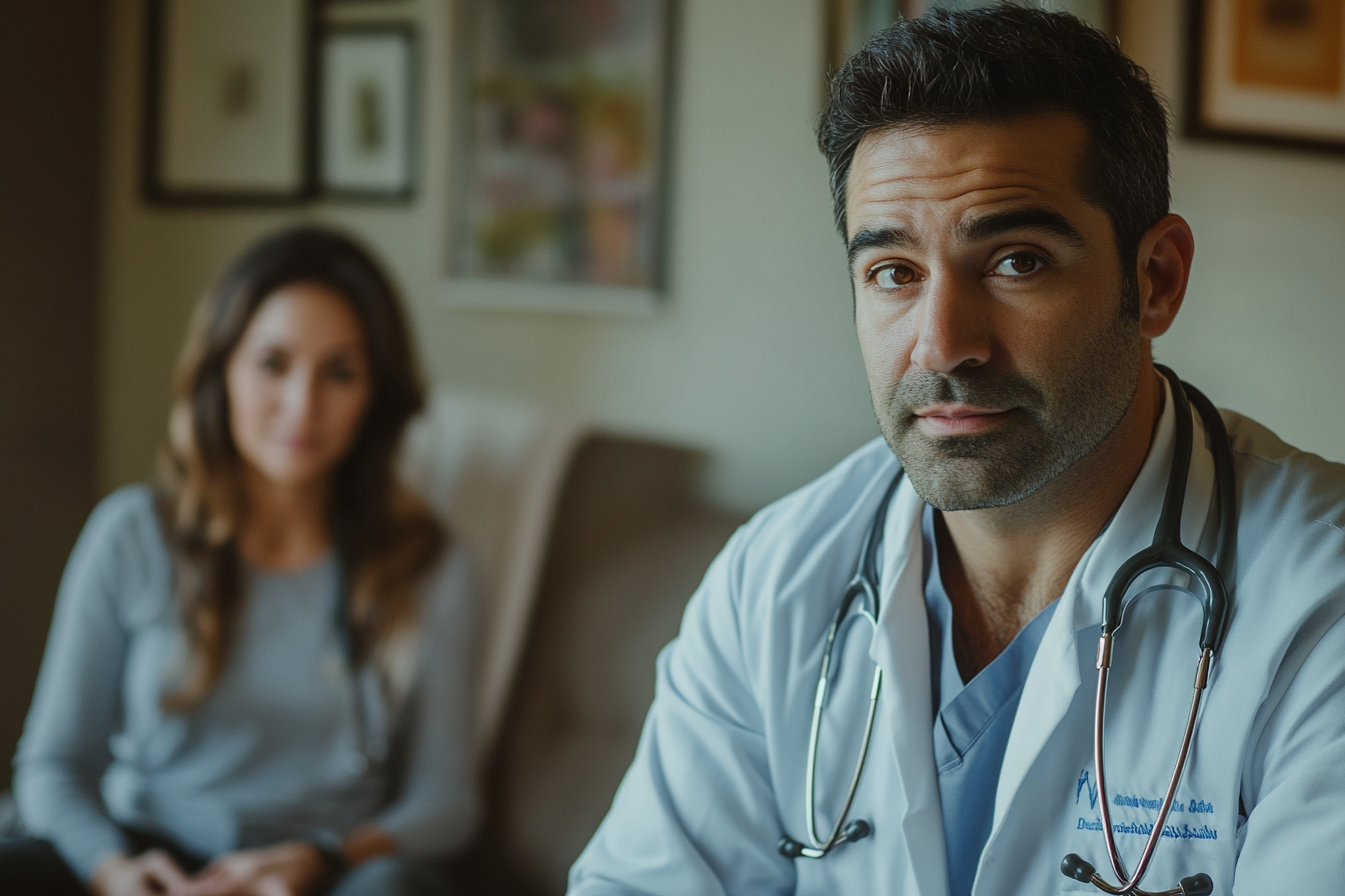 A close-up shot of a doctor with a focused expression, his wife blurred in the background | Source: Midjourney