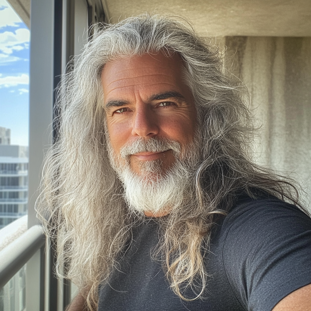 An older man standing on a balcony | Source: Midjourney