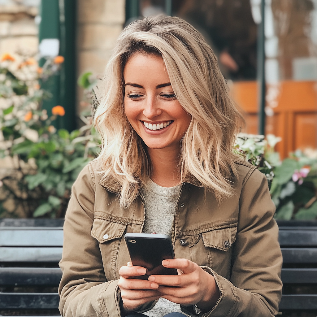 A woman sitting on a bench and texting | Source: Midjourney