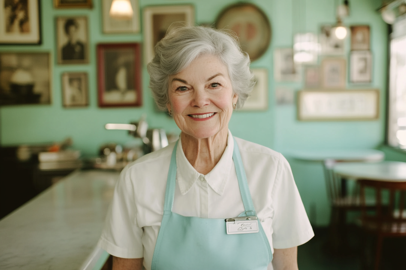 Woman in her 50s wearing a waitress uniform in a café with a kind smile | Source: Midjourney