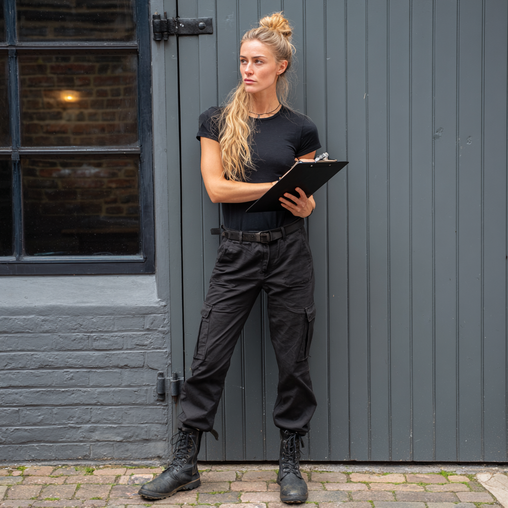 A woman wearing black and standing with a clipboard | Source: Midjourney