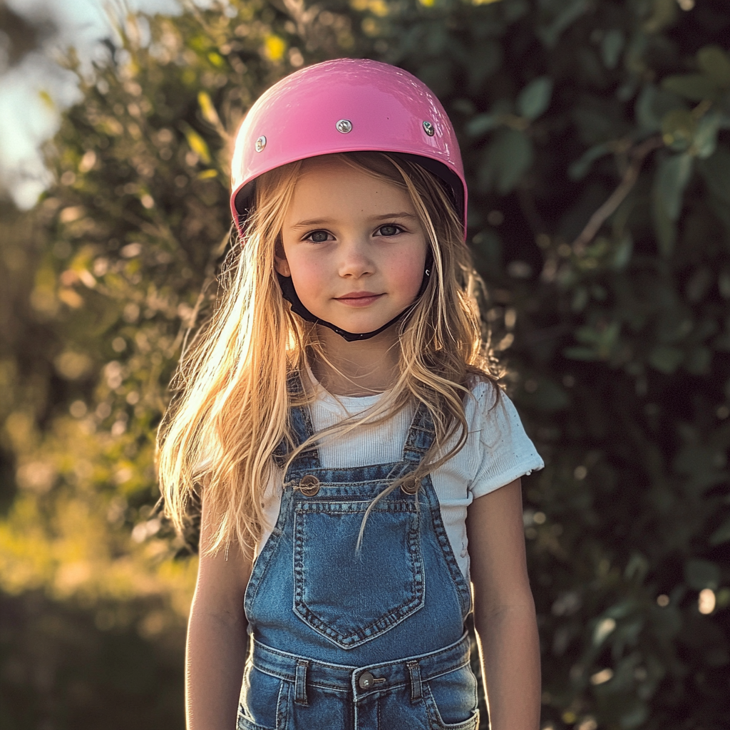 A little girl wearing a pink helmet | Source: Midjourney