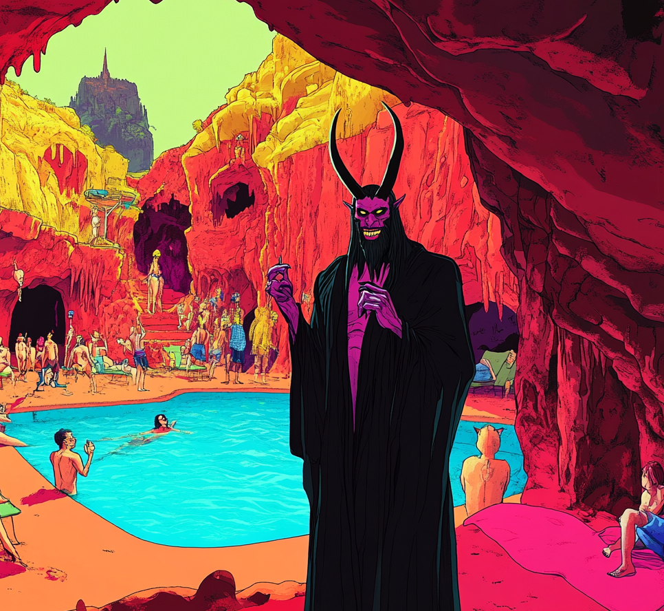 A cartoon version of the devil in Hell shrugging with people having fun at the pool | Source: Midjourney