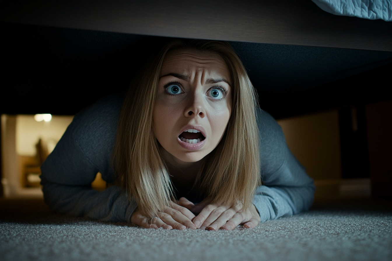 A shocked woman under a bed | Source: Midjourney