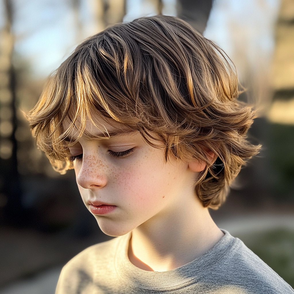 A teenage boy standing outside with closed eyes | Source: Midjourney