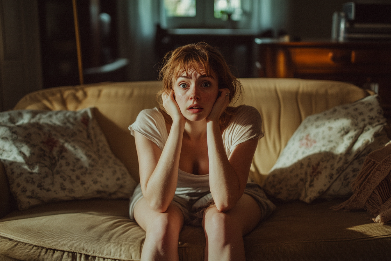 A woman sitting on a sofa speaking to someone | Source: Midjourney