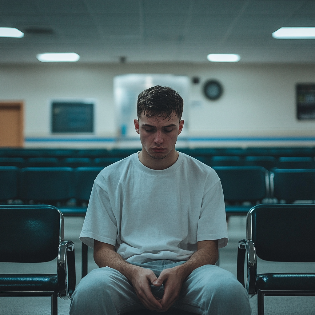 A sad young man in a hospital | Source: Midjourney