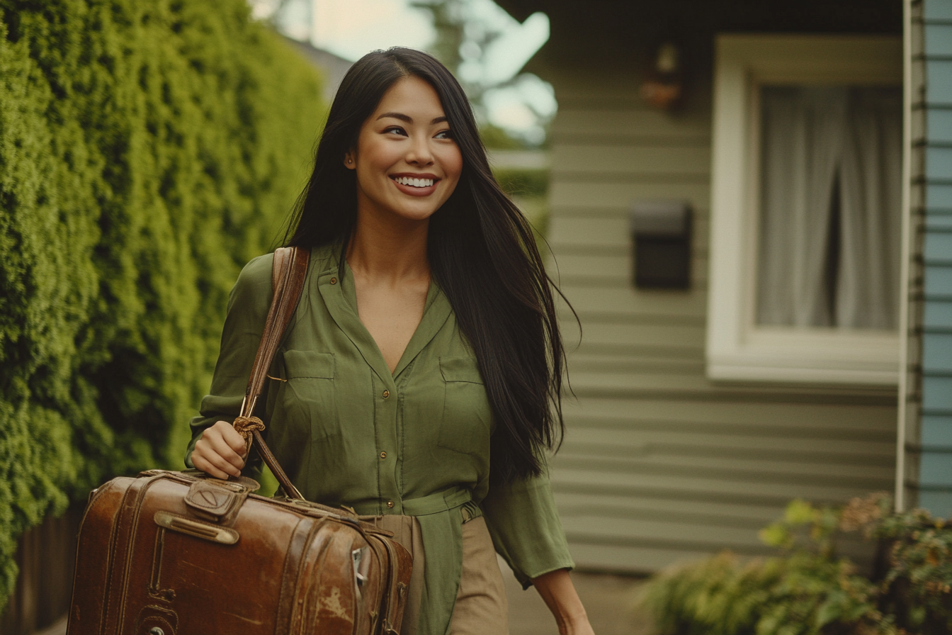 A woman smiling as she leaves the home carrying a bag | Source: Midjourney