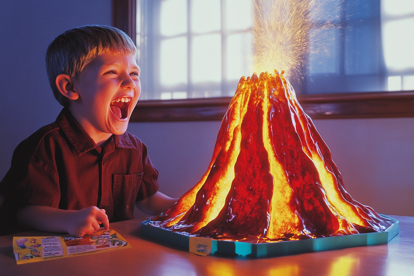 Un niño se ríe mientras un volcán de un proyecto científico entra en erupción sobre una mesa en la sala de estar | Fuente: Midjourney