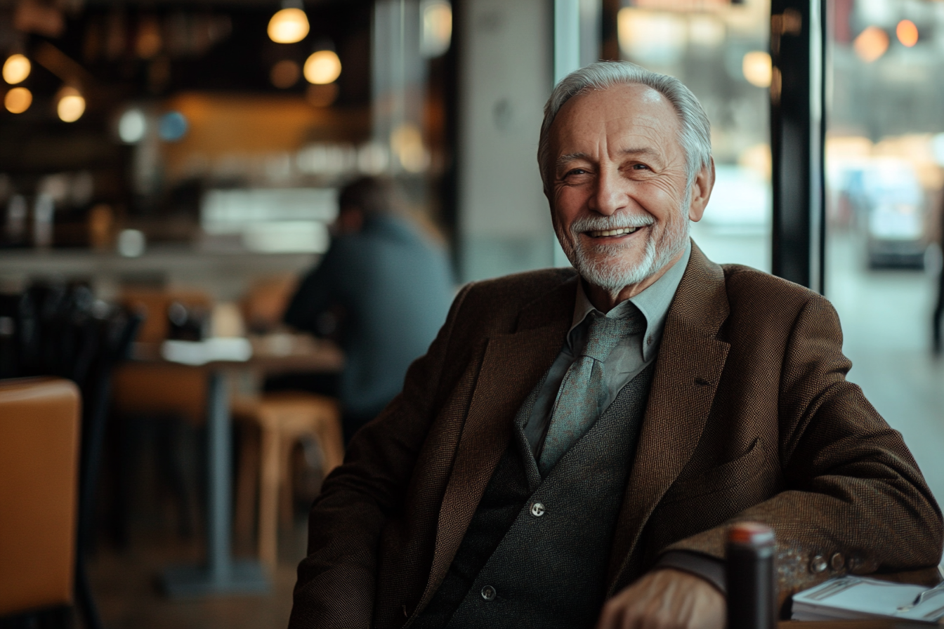 A man in a café laughing | Source: Midjourney