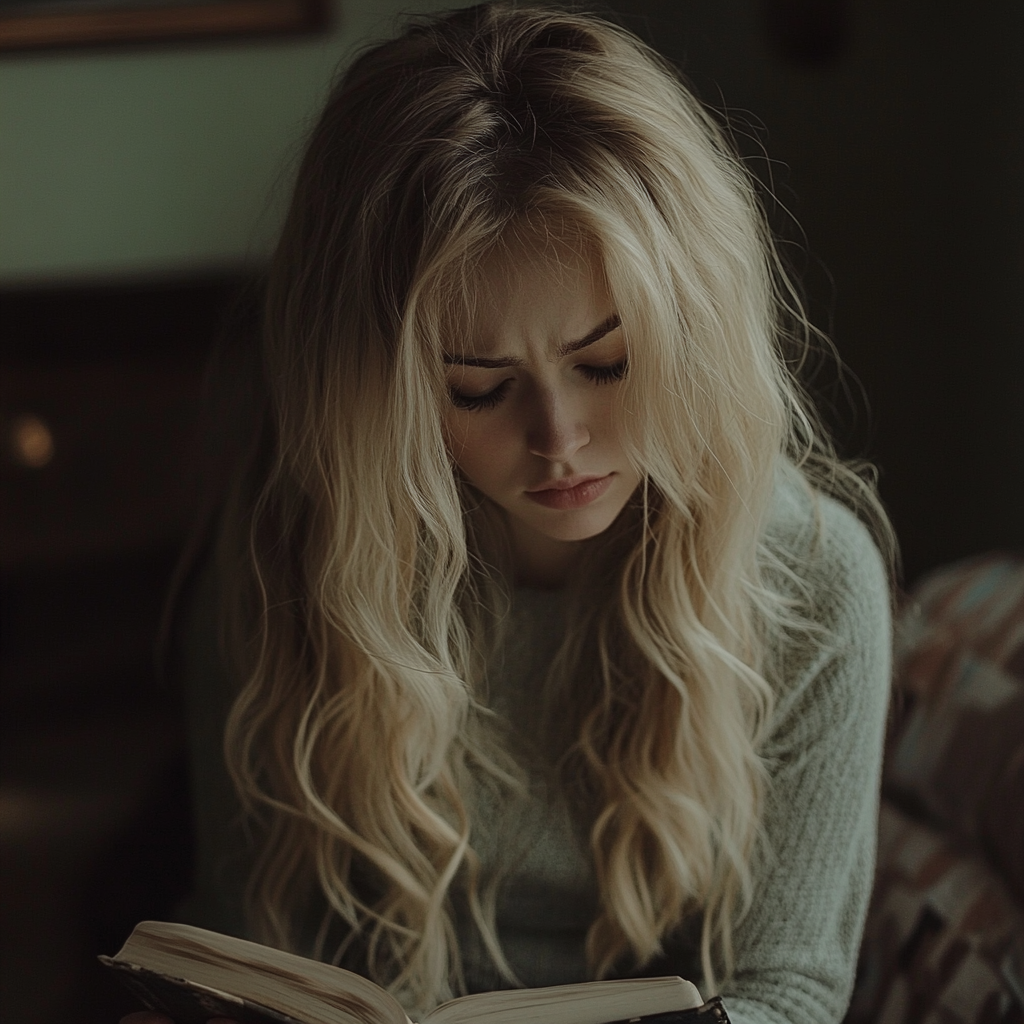 A frowning woman looking at a diary in her hands | Source: Midjourney