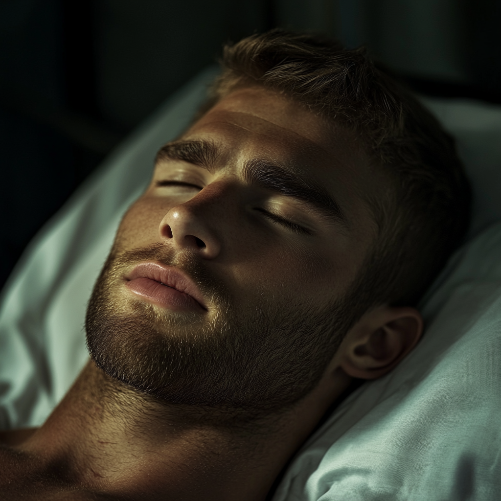 Foto em close de um homem deitado imóvel em uma cama de hospital | Fonte: Midjourney