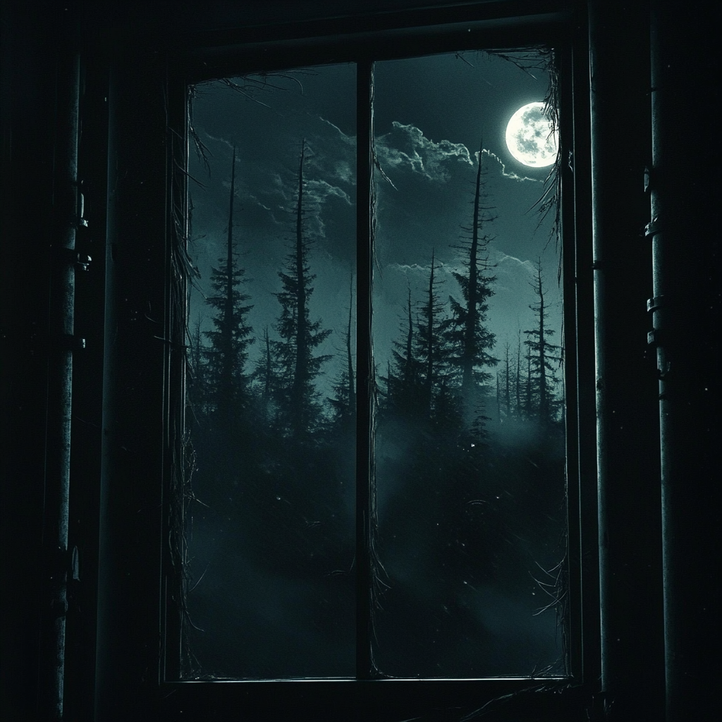 Window view of a creepy forest looming in the distance | Source: Midjourney