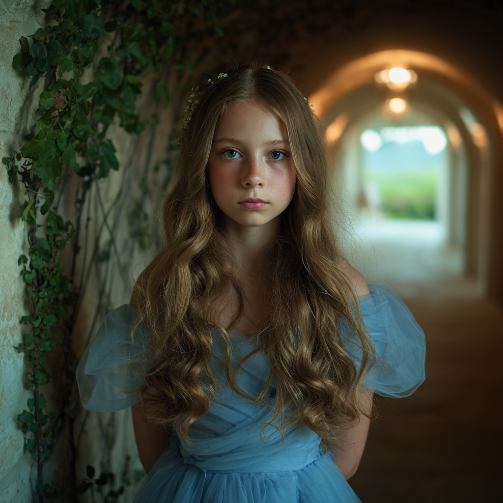 A pensive little girl standing in a blue tulle dress | Source: Midjourney