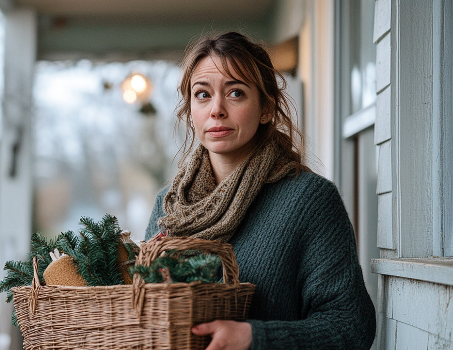 A woman on a porch holding a gift hamper | Source: Midjourney