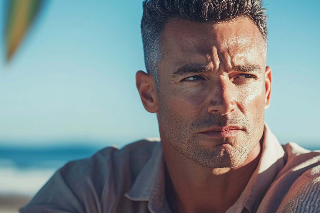 A serious man sitting at a beach | Source: Midjourney