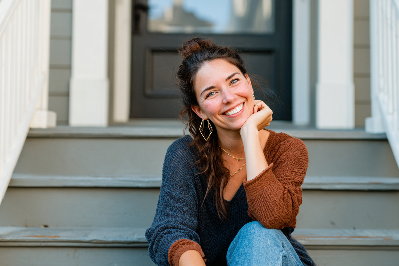 A smiling woman sitting on porch steps | Source: Midjourney