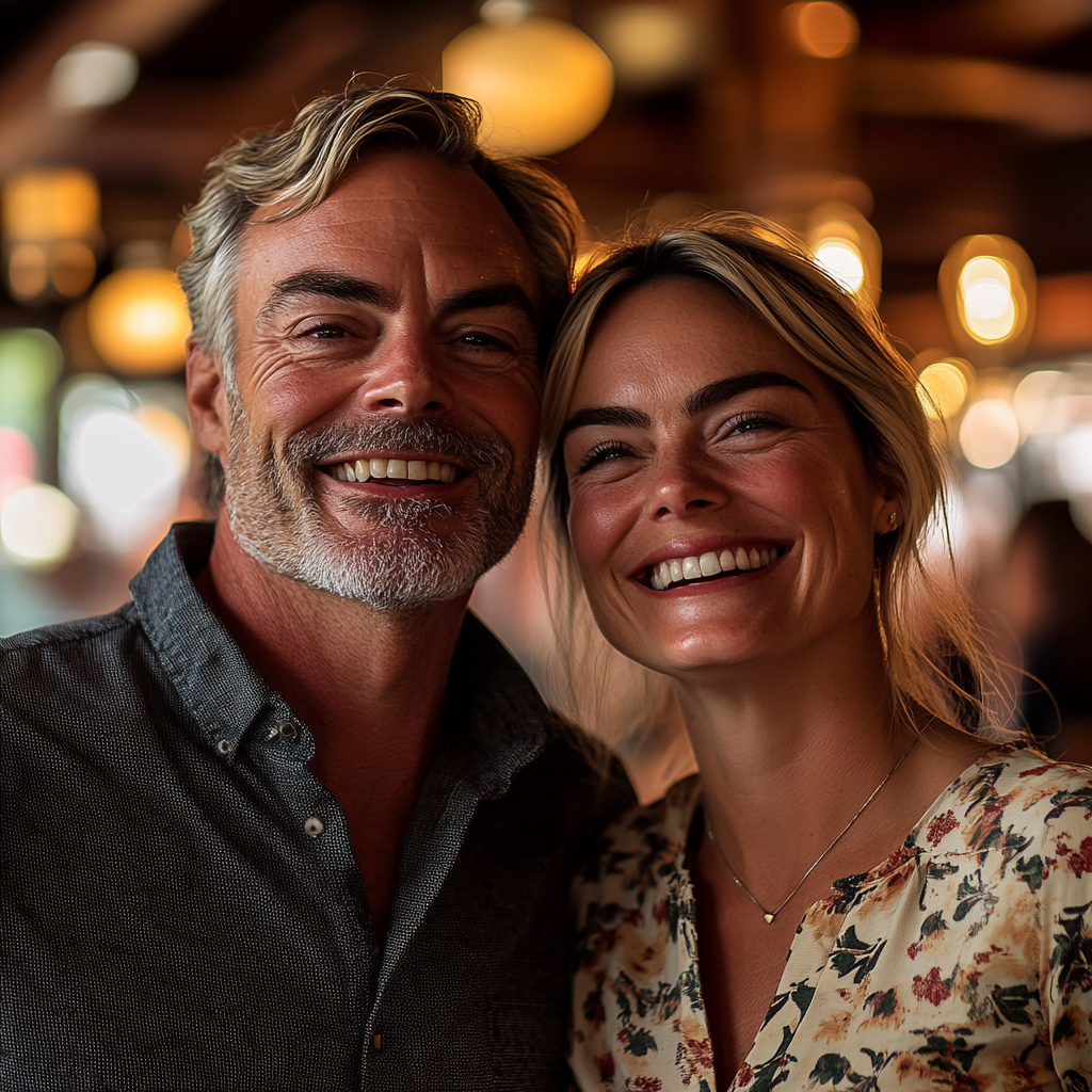 A middle-aged man smiles while standing next to his stepdaughter | Source: Midjourney