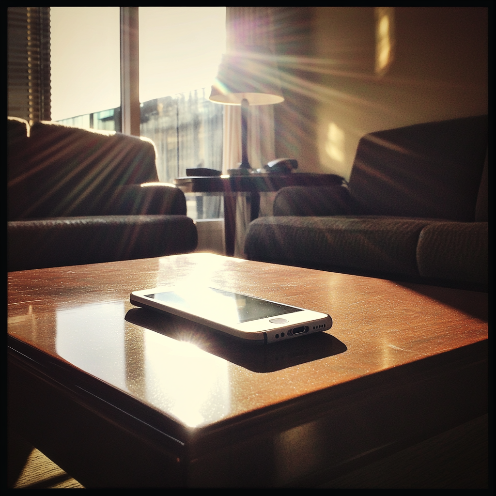 A phone on a coffee table | Source: Midjourney